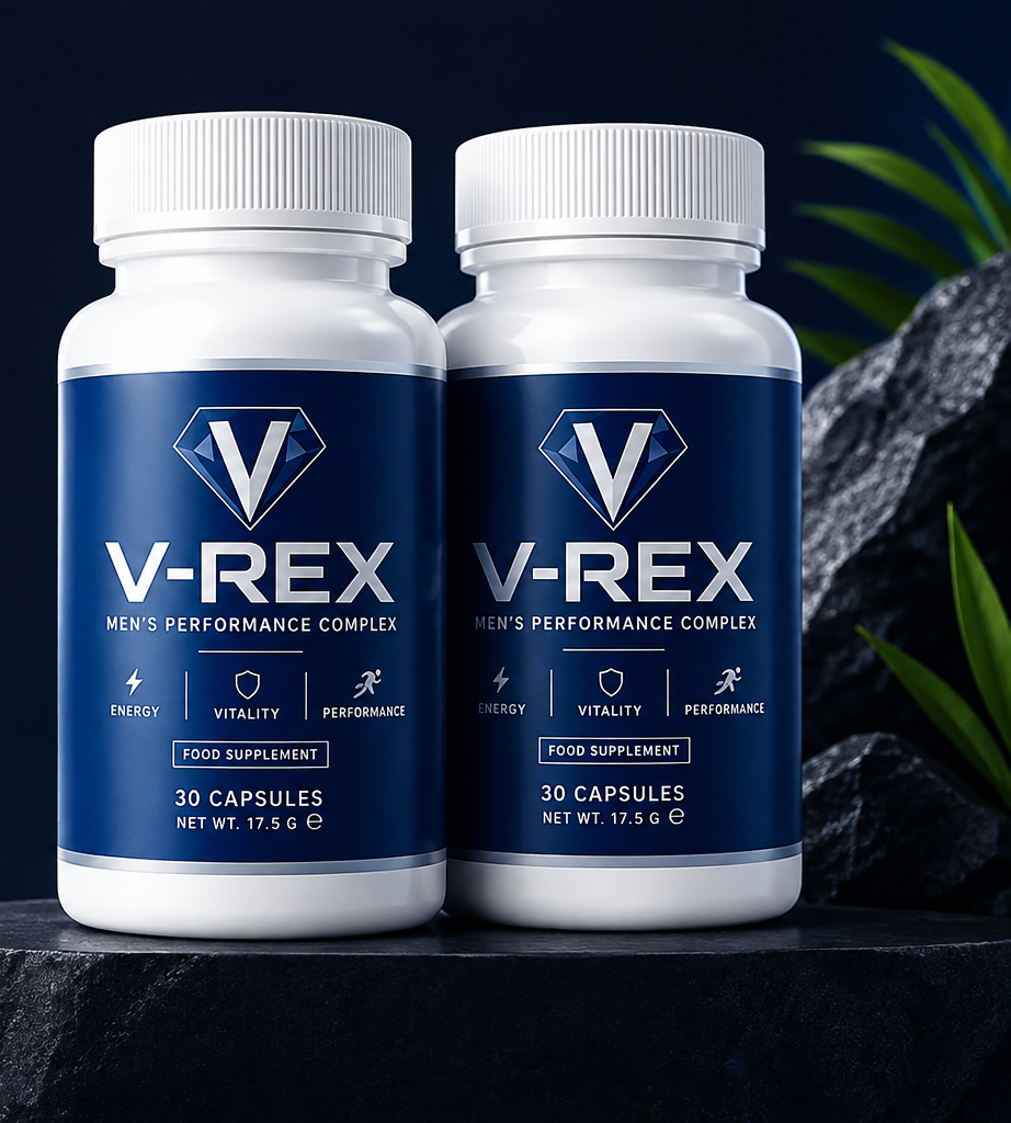 Two bottles of V-REX Men's Performance Complex food supplement, 30 capsules each